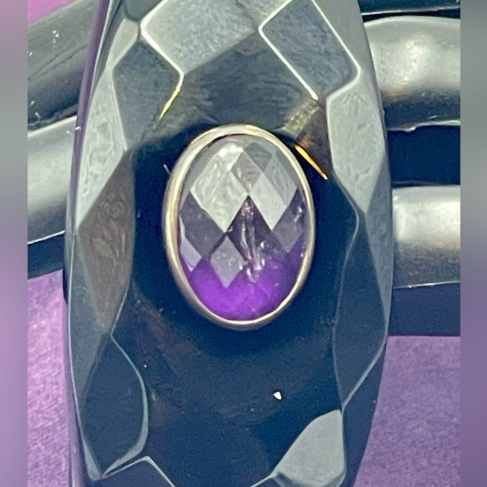 Black Faceted Solid Onyx Hinged Bangle Bracelet W… - image 5